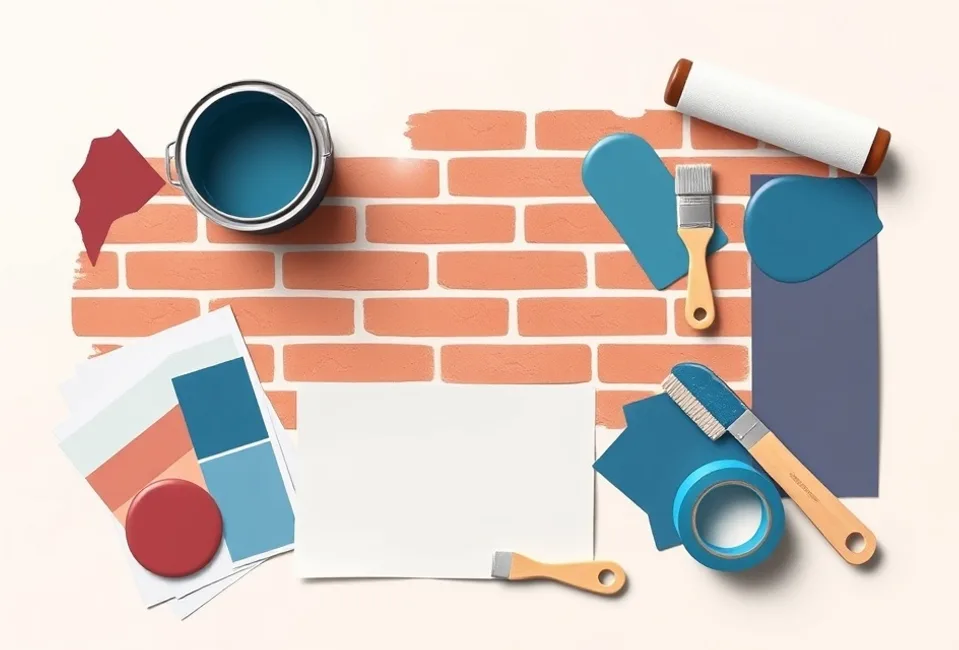 Pots de peinture, nuancier, brosses et rouleaux disposés à plat