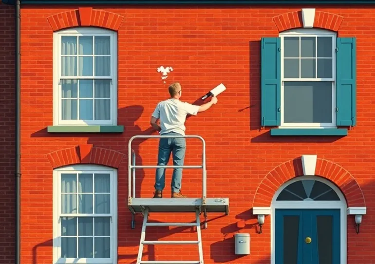 Peintre sur échafaudage traitant la façade d'une maison